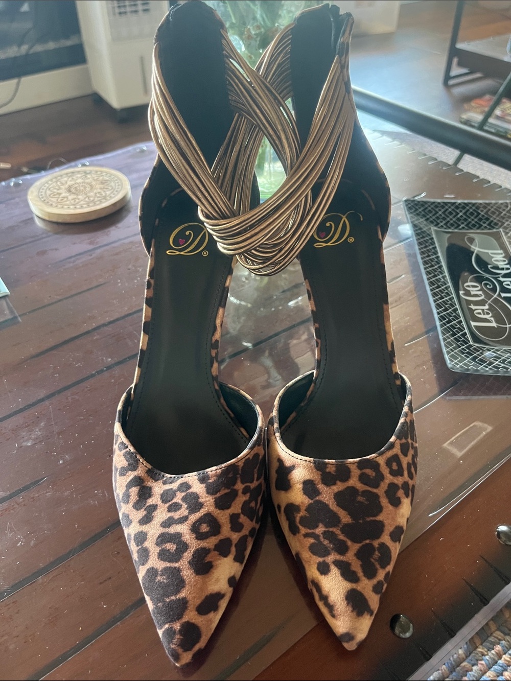 BRAND NEW DELICIOUS Leopard Print Pointed-Toe Heels with Metallic ankle wrap